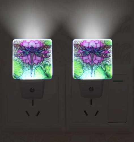 Image of Dragonfly And lotus flower Plug-in LED Night Light,Smart Auto Dusk to Dawn Sensor Nightlights Plug into Wall,White Energy Efficient Night light for Kids Bedroom,Bathroom,Kitchen,Stairs,Hallway
