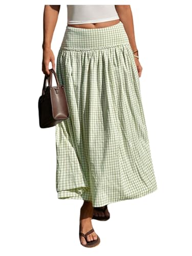 MakeMeChic Womens Plaid Gingham Maxi Skirt Low Waist Flowy Long Skirts Green Small