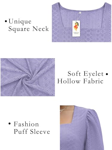VISLILY Purple Plus Size Tops Flowy Square Neckline Short Sleeve Lilac Ladies Shirts XL - Thumbnail 3