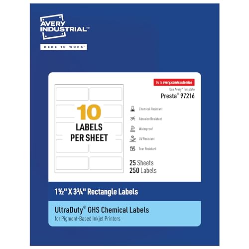 Avery UltraDuty GHS Labels, Waterproof, 1.5 X 3.75" White Rectangle Labels , 250 Total, Use with Pigment Inkjet Printers