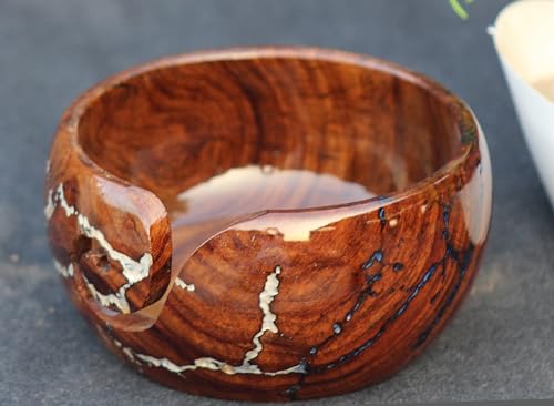 Image of Handmade Wooden Yarn Bowl, Lichtenberg Figure /Wooden Large Yarn Bowl for Knitting, Yarn Bowl with Crochet Hook with Free Crochet Hook (Medium)