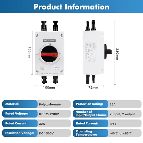 DC Trennschalter PV Anlage 32A 1200V, Solar-Trennschalter-Leistungsschalter DC Trennschalter Leistungsschalter PV Combiner Box,IP66 Wasserdicht, für Solar Photovoltaik (2 Eingänge,2 Ausgänge)