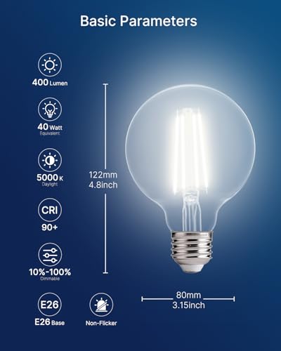 Image of FLSNT 6 Pack G25 LED Globe Edison Bulbs for Bathroom Vanity & Mirror Lighting, 5000K Daylight, CRI90+ Dimmable, 40W Equivalent, 400LM, E26 Base, Clear Glass Decorative Bulbs