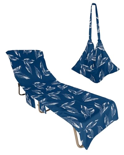 Navy Blue Leaf Beach Lounge Chair Towel Cover, Soft Chaise Lounge Towel with Side Pockets Patio Pool Chairs Cover for Beach/Pool Sunbathing 29x85 Watercolor Botancal Pastoral