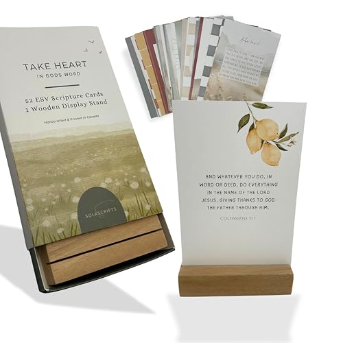 SOLASCRIPTS Take Heart Scripture Cards Set, 52 Cards with Wooden Display Stand, Christian Inspirational Decor ESV/NKJV/KJV (English Standard Version)