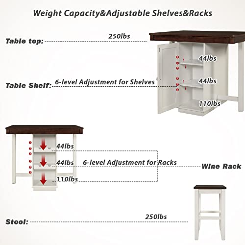 Merax Farmhouse 5-Piece Counter Height Dining Sets, 4 Stools, Square Wood Table With 3-Tier Adjustable Storage Shelves And Wine Racks For Small Spaces, White #TOP1