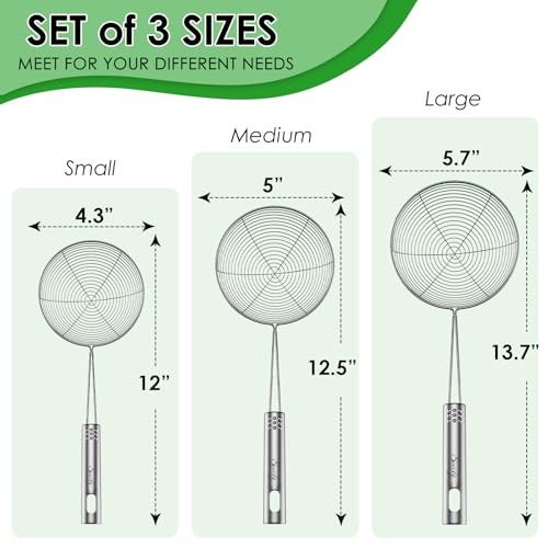 Image of Swify Spider Strainer Set of 3 Asian Strainer Ladle Stainless Steel Wire Skimmer Spoon with Handle for Kitchen Frying Food, Pasta, Spaghetti, Noodle-4.3 inch, 5 inch, 5.7 inch