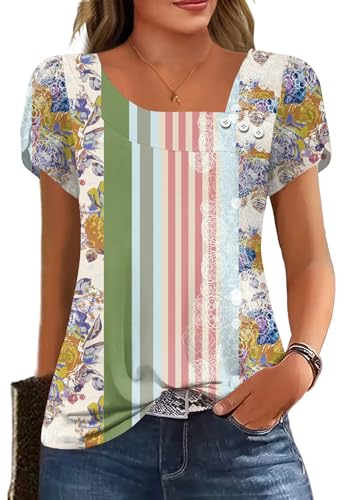 Image of Womens Petal Sleeve Tops Summer Trendy T Shirt Casual Loose Square Neck Button Blouse Tees