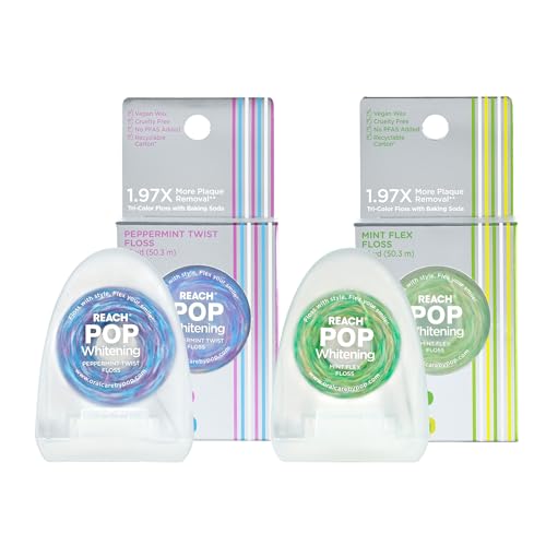 REACH POP Whitening Dental Floss 2 Pack Mint & Peppermint Baking Soda Infused Vegan Wax Teeth Whitening Plaque Remover for Teeth Shred Resistant Cruelty Free Oral Care PFAS Free