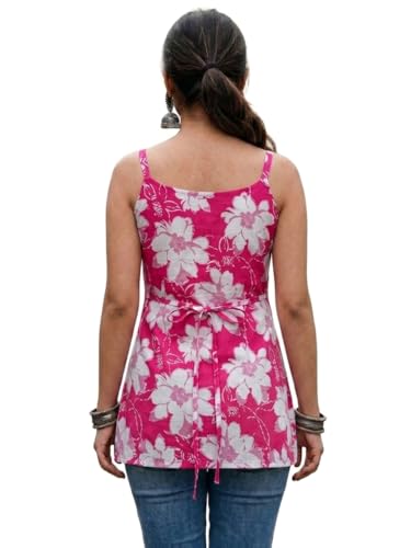 Image of Women's Cotton Floral Printed Short Kurti - Sleeveless Tie-Up Shoulder Casual Summer Tunic Top - Soft & Breathable Floral Kurti