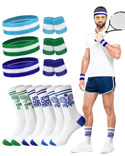 Shihanee 9 Pcs Tennis Sweatbands Set for Men Women Sports Striped Headband and Wristbands Athletic Socks for Tennis Lover Gear Accessories