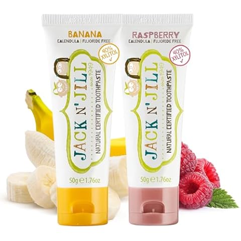 Jack N' Jill Natural Certified Toothpaste - Baby & Toddler Toothpaste, Fluoride-Free, 40% Xylitol, Sugar-Free, Safe from 6 Months, Makes Brushing Fun, Organic Banana and Raspberry Flavours Cover
