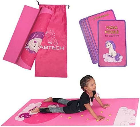 Kids Yoga Mat Set - Fun Unicorn Yoga Mat for Girls - Comfortable - Chemical Free - Non-Toxic - Non-Slip - 60 X 24 X 0.2 Inches - w/ 12 Yoga Cards for Kids - Cute Carrier Bag - Pink - Ages 3-12 (Unicorn)