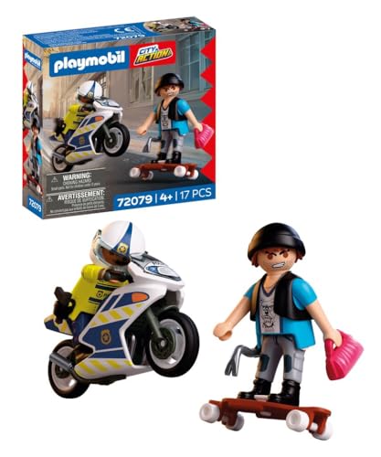PLAYMOBIL City Action Polizei Verfolgungsjagd mit Motorrad | Polizist jagt Dieb auf Longboard | Fördert Kreativität | Kinder Spielzeug ab 4 Jahren | 72079