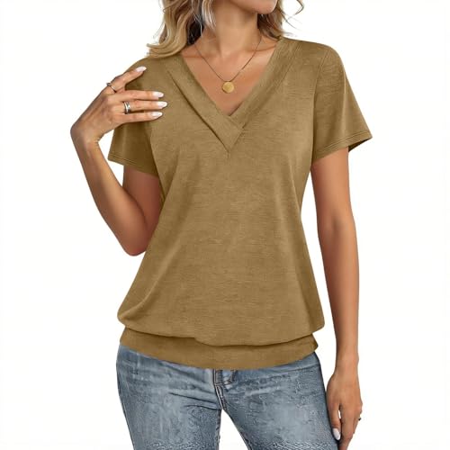 Womens Summer Clothes Ropa para Mujer Short Sleeve Tops for Women Cute Vneck Tshirts Business Women's Tops, Tees & Blouses Bohemian Tea Party Clothing Plain Tunics to Wear with Leggings Khaki M