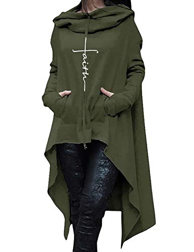 Rfecccy Faith Print Long Sleeve Loose Casual Pullovers Irregular Hem Long Hoodies for Women Green