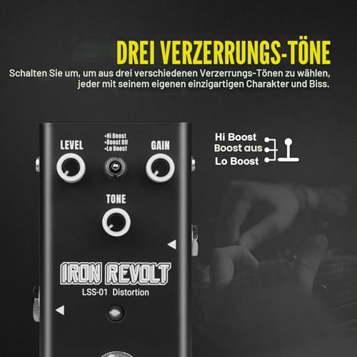 SHAEVLE Distortion Gitarren Pedal Mini Analoge Effektpedal - Vollanaloge Schaltung mit 3 Verzerrungstönen, True Bypass, Kompakte Größe für Gitarristen IRON REVOLT(Distortion)
