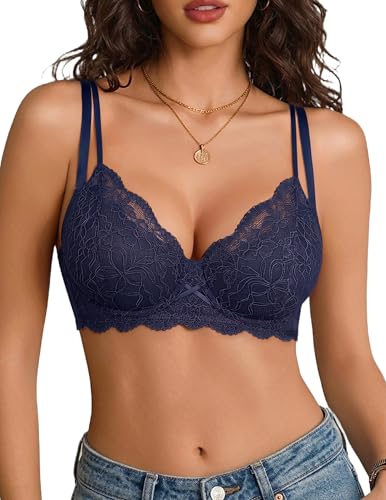 Avidlove Women's Sexy Lace Bra V Neck Sheer Balconette Plunge Bralette Unlined Underwire Lingerie Bras Navy Blue XL