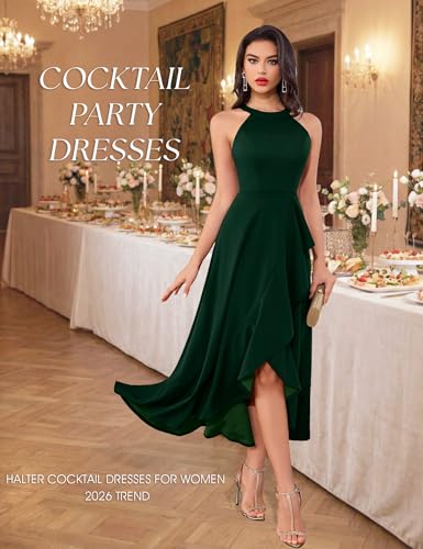 Image of Dressystar Womens 2026 Halter Slit Ruffle Wedding Guest Party Dress Elegant Maxi Long Sleeveless Formal Prom Cocktail Dresses