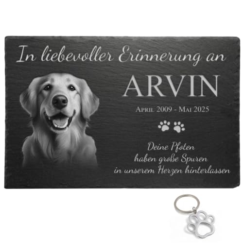 eGenuss Hundegrabstein aus Schiefer Personalisierter Grabstein für Hunde mit Foto & Gravur Wetterfeste Gedenktafel für draußen mit Namen & Wunschtext inkl. Pfoten-Schlüsselanhänger