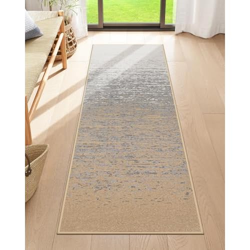 Moynesa Washable 2x6 Runners Rug for Hallway Non Slip, Boho Entryway Rug Runner for Kitchen Floor Non Skid, Soft Farmhouse 6ft Carpet Runner for Bathroom Bedside Laundry Room, Beige/Grey 2'