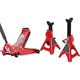 BIG RED AT84007R Torin Hydraulic Low Profile Service/Floor Jack with Dual Piston Quick Lift Pump, 4 Ton Capacity, Red & T43002A Torin Steel Jack Stands: Double Locking, 3 Ton Capacity, Red, 1 Pair