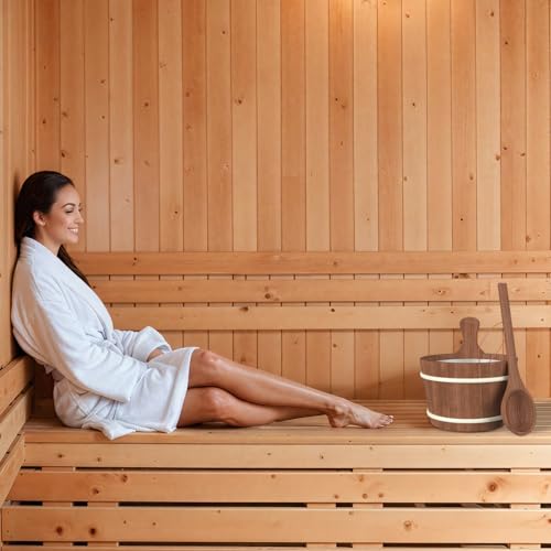 BNEHS Sauna Bucket and Ladle, Sauna Accessories Made of Hand-Made Red Cedar, Wooden Sauna Set with Plastic Lining and Handle