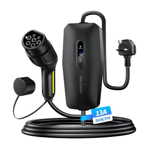VDLPOWERVP EV Charger Type 2 to 3 Pin Plug 13A 230V Portable EV Car Charger with 5M Cable LED Status Indicators IP65 Waterproof Electric Vehicle Charging Cable for EVs & PHEVs