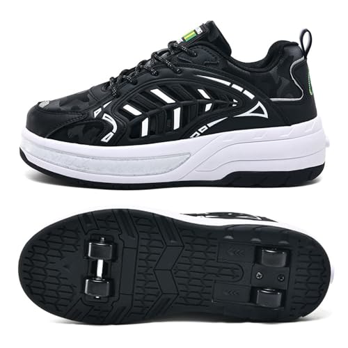 Mateju Schuhe mit Rollen Verstellbar für Jungen Mädchen Kinder Rollschuhe Schuhe mit 4 Rollen, 2-in-1 Jugend Outdoor Mode Roller Schuhe Schnüren Turnschuhe Skateboardschuhe