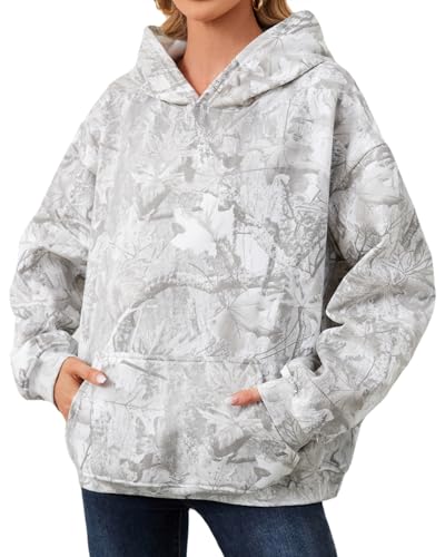 Anoumcy Oversized Camo Hoodie Womens Maple Leaf Print Hooded Sweatshirt Fleece Camouflage Hoodies For Women Trendy Grey M
