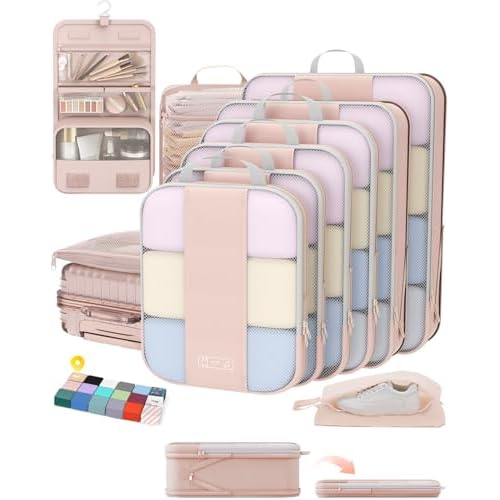10 Set Compression Packing Cubes for Travel Gifts Women Mom,OlarHike Luggage Clothes Organizer for Travelers,Airplane/Cruise/Car/Train Travel Essentials,Compressible Expandable Saver Space Bags(Beige)