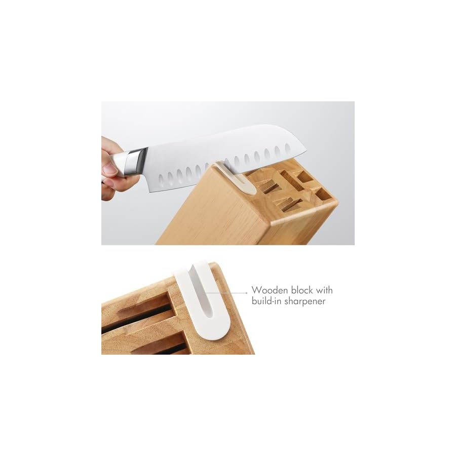 CAROTE 14PCS Kitchen Knife Set with Block, Stainless Steel Blade Knife Block Set, Knife Set with Built-in Sharpener, Razor-Sharp,White