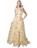 WDBFY Floral Prom Dresses with High Split Tulle Fairy Evening Party Dresses V-Neck Wedding Guest Dress Vestido De Noite F-Light Yellow-4