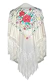 La Señorita Spanischer Manton - Tuch - Umschlagtuch - creme weiß mit Blumen - Größe L