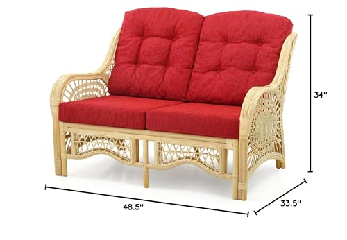 Malibu Lounge Loveseat Natural Color, Sofa Natural Rattan Wicker Handmade Design with Red Cushions