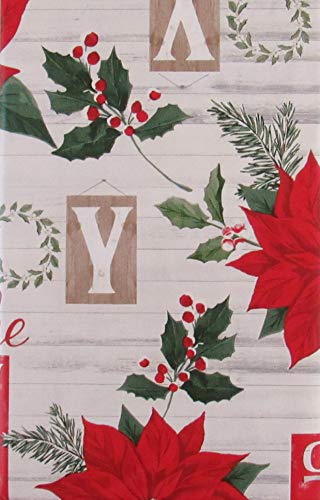 Happy Holiday Joy To The World Poinsettias And Holly Vinyl Flannel Back Tablecloth (52" X 90" Oblong) #TOP2