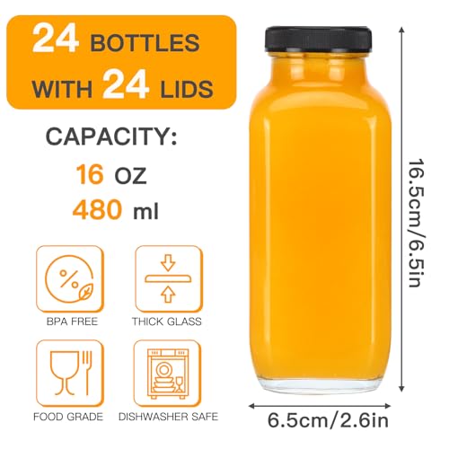 CUCUMI 24pcs 16oz Glass Juice Bottles with Lids, Reusable Vintage Glass Drinking Bottles with Blank Labels, Brush, Straws, Funnel for Storing Tea, Kombucha, Milk by CUCUMI - Image 2