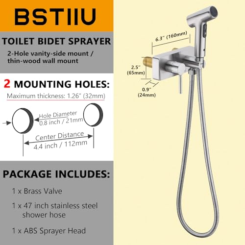 BSTIIU Brass Handheld Bidet Sprayer for Toilet Hot and Cold Bidet Faucet Attachment, Bathroom Vanity Side Mount 2 Function Baby Diaper Douche Kit, Brushed Nickel