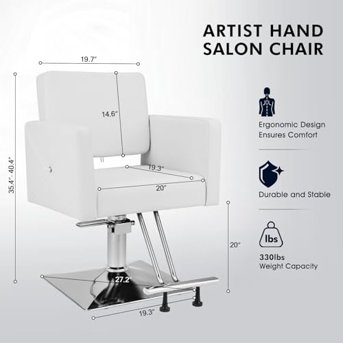Image of Artist hand Barber Salon Chair for Hair Stylist with Back Cover, White | Heavy Duty Hydraulic Pump, Adjustable Height, 360 Swivel, Padded Armrest, Professional Styling Chair, Beauty Salon Equipment