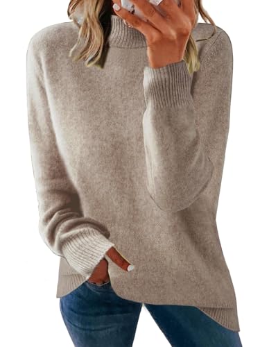 Yutdeng Jersey Mujer Cuello Alto Sueter Mujer Manga Larga Elegante Jersey de Punto Fino Sweater Casual Jersey Pullover Camiseta Cuello Alto Jerséis para Mujer Suéter Invierno Otoño,Caqui,S