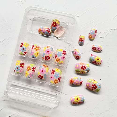 24Pcs Press On Nails Short Colorful Flower Square Fake Nails Cute Glue On Nails False Nails With Designs Floral Acrylic Stick On Nails Reusable Artificial Nails For Women Girls #TOP5