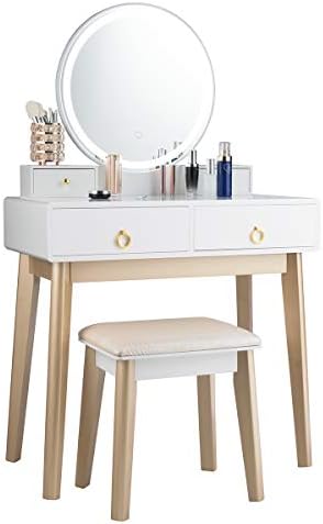 GOFLAME Vanity Table Set 3 Color LED Lighting Modes Touch Screen Dimming Mirror, Jewelry Divider Dressing Table with Round Mirror and Soft Cushioned Stool, 4 Drawers Storage Shelf (White)