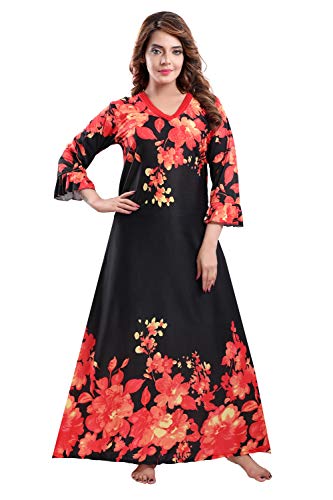 Image of Fabme Women's Crepe Printed Flare Nighty with Long Sleeves /Night Gown /Nightwear /Maxi