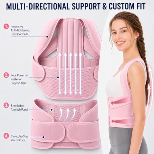 BaPosture Corrector for Women, Breathable Back Brace for Slouching & Upper Back Pain Relief, Invisible Under Clothes Shoulder Straightener with 4 Support Stays & Anti-Chafing Padded Straps, Pink (pink S) — view 3