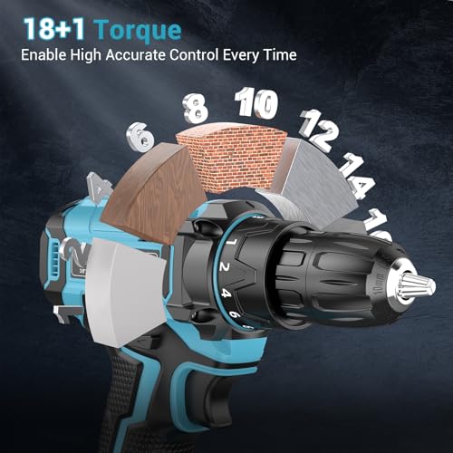 21V Power Drill Cordless, Bamse Electric Drill Set with 2.0Ah Battery Charger, 3/8”Keyless Chuck, 2 Variable Speed, 18+1 Torque, 20pcs Driver Bits and Belt Hook for DIY Projects, Blue - Thumbnail 2
