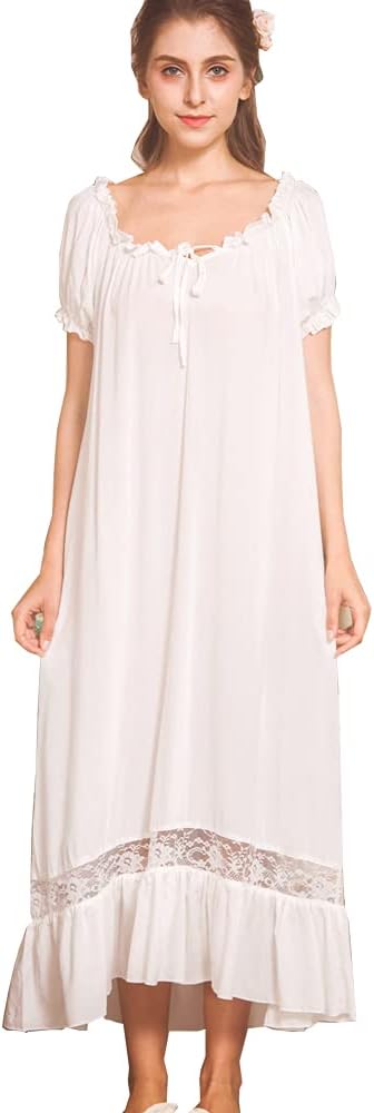 Ladies Long Victorian Style White Cotton Short Sleeve Nightdress/Nightgown with Plus Sizes