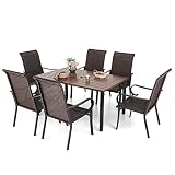MIXPATIO 7-Piece Outdoor Dining Set, 6 Rattan Fixed Chairs and Teak Color Tabletop Patio Table with