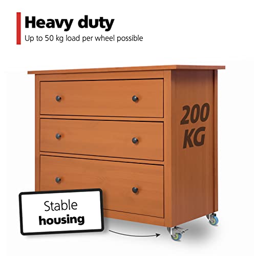 RAVN HAMAN Zestaw 4 Kółek Meblowych 50 mm - Kółka do Dużych Obciążeń 50 kg - 2 z Hamulcem - Skrętne do Wewnątrz - Stabilne Obrotowe - Rolki Transportowe z Żłobieniem