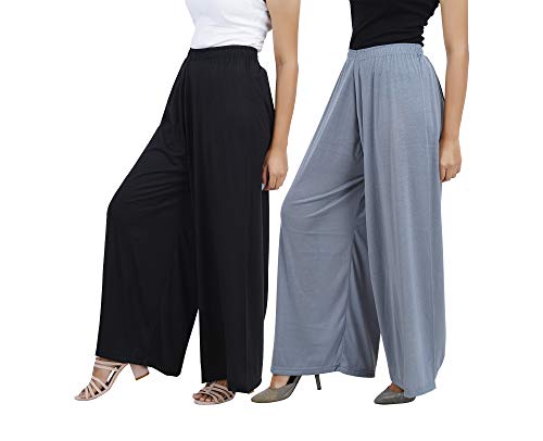 Image of Buy That Trendz M to 4XL Cotton Viscose Loose Fit Flared Wide Leg Palazzo Cotton for Pants Women Black Grey Combo Pack of 2 Medium