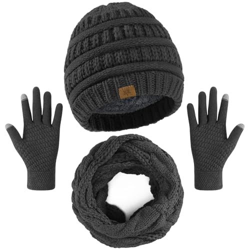Winter Beanie Hat Scarf Gloves Set - Winter Clothes for Women, Soft Warm Thick Fleece Lined Hats Touchscreen Gloves Thick Neck Warmer Scarf for Women, Dark Grey